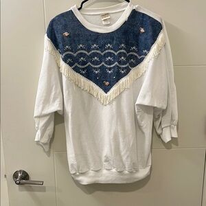 New York Inc. Knit Works made in USA: Vintage White and Blue Fringe Sweatshirt